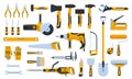 Construction tools. Building repair hand tools, renovation kit, hammer, saw, drill and shovel. Home repair tool vector