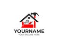 Construction and tools, carpenter or joiner plane, hammer and home, logo design. House building, real estate, repair and improveme