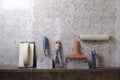 Construction tools on concrete background. Copy space for text. Set of assorted plaster trowel and spatula Royalty Free Stock Photo