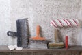 Construction tools on concrete background. Copy space for text. Set of assorted plaster trowel and spatula Royalty Free Stock Photo