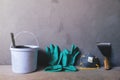 Construction tools on concrete loft wall background. Copy space Royalty Free Stock Photo