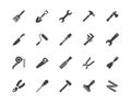 Construction tools flat glyph icons set. Hammer, screwdriver, saw, spanner, paintbrush vector illustrations. Black signs