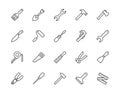 Construction tools flat line icons set. Hammer, screwdriver, saw, spanner, paintbrush vector illustrations. Outline