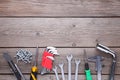 Construction tools on a grey wooden desk, copy space Royalty Free Stock Photo