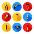 Construction tools hammer repair carpentry background. Electric home tool screwdriver toolkit collection