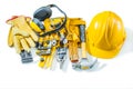 Construction tools helmet goves toolbelt isolated on white backgound Royalty Free Stock Photo