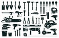 Construction tools, home repair or renovation instruments silhouette. Hammer, screwdriver, drill, pliers. Carpenter