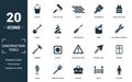 Construction Tools icon set. Monochrome sign collection with bucket, paint roller, bricks, paintbrush and over icons