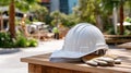 Construction tools including a helmet, gloves, and blueprints are organized on a table at a bustling building site, ready for use Royalty Free Stock Photo