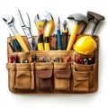 Construction tools in a leather tool bag yellow hard hat Royalty Free Stock Photo