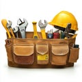 Construction tools in a leather tool bag yellow hard hat Royalty Free Stock Photo
