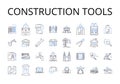 Construction tools line icons collection. Bulldozer, Excavator, Crane, Concrete mixer, Scaffolding, Dump truck, Backhoe