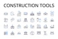 Construction tools line icons collection. Bulldozer, Excavator, Crane, Concrete mixer, Scaffolding, Dump truck, Backhoe