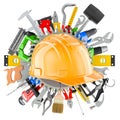 Construction Tools with orange hard hat. Assortment of work tools, 3D rendering Royalty Free Stock Photo