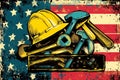 Construction Tools Pile on American Flag Background with Distressed Patriotic Theme Royalty Free Stock Photo