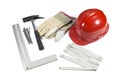 Construction Tools - Protective Hardhat, Gloves, Hammer, Nails And Straightedge Isolated On White Royalty Free Stock Photo