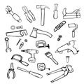 Construction tools for repair set of icons in doodle style. Hand drawn building material. Vector illustration. Royalty Free Stock Photo