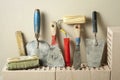 Construction tools in a row and bricks. Building and renovation concept. Royalty Free Stock Photo