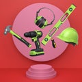 Construction tools and safety equipment floating over podium on abstract background, industrial work and protection concept Royalty Free Stock Photo