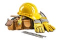 construction tools with safety gear such as helmets and gloves, emphasizing the importance of safety on the job.