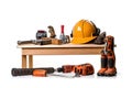 Construction tools and safety gear on white background Royalty Free Stock Photo