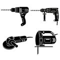 construction tools set electric drill hammer and grinder, black icon stencil Royalty Free Stock Photo