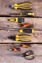Construction tools set on old wooden background. Royalty Free Stock Photo
