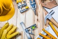 Construction tools set on wooden background Royalty Free Stock Photo