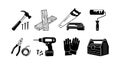 Construction tools vector set with hammer saw drill pliers gloves roller and toolbox for home repair and woodworking projects Royalty Free Stock Photo