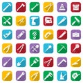 Construction tools white icons set on a color square. Vector industrial signs collection. Royalty Free Stock Photo