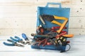 Construction tools on wooden background. Copy space for text. Set of assorted work tool. Top view Royalty Free Stock Photo