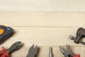 Construction tools on wooden background.Copy space for text. Royalty Free Stock Photo