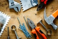 Construction tools on a wooden table Royalty Free Stock Photo