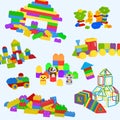 Construction toys pattern. Lego, wooden bricks and magnetic figures for preschool childrens. Building tower, castle