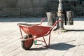 Construction trolley on the street reconstruction pavement site in the city Royalty Free Stock Photo