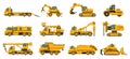 Construction trucks. Equipment building trucks, excavation crane truck, tractors and bulldozers, large engine isolated