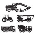 Construction trucks icons set isolated on white background. Vector collection of heavy equipment: Concrete mixer truck, Truck Royalty Free Stock Photo