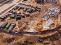 Construction vans, cabins are surrounded by a fence, top view. Construction site