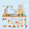 Construction vector flat colorful illustration with building tools. Building poster in modern style. Royalty Free Stock Photo