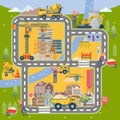 Construction vector flat colorful illustration with city. Building poster in modern style. Royalty Free Stock Photo