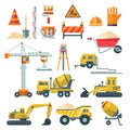 Construction vector flat colorful illustration with colorful building tools. Building poster in modern style. Royalty Free Stock Photo