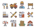 Construction vector linear icons universal building elements and worker equipment flat industry tools illustration.