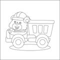 Construction vehicles coloring book or page with cute litle animal driver, Creative vector