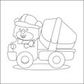 Construction vehicles coloring book or page with cute litle animal driver, Cartoon isolated vector illustration, Creative vector