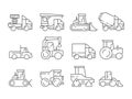 Construction vehicles. Heavy machinery for builders trucks lifting crane bulldozer vector linear symbols isolated