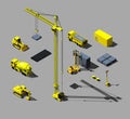 Construction vehicles and objects. Vector isometric illustration