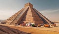 Construction vehicles and workers at an ancient pyramid site in a desert setting Royalty Free Stock Photo