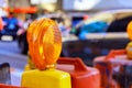 Construction warning light on barricade intended to warn of construction site in yellow. Royalty Free Stock Photo