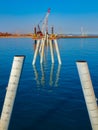 Construction of a wharf showing raked piles ready for headstock placement