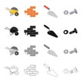 Construction wheelbarrow, brickwork, trowel, bolt with nut. Construction and repair set collection icons in cartoon